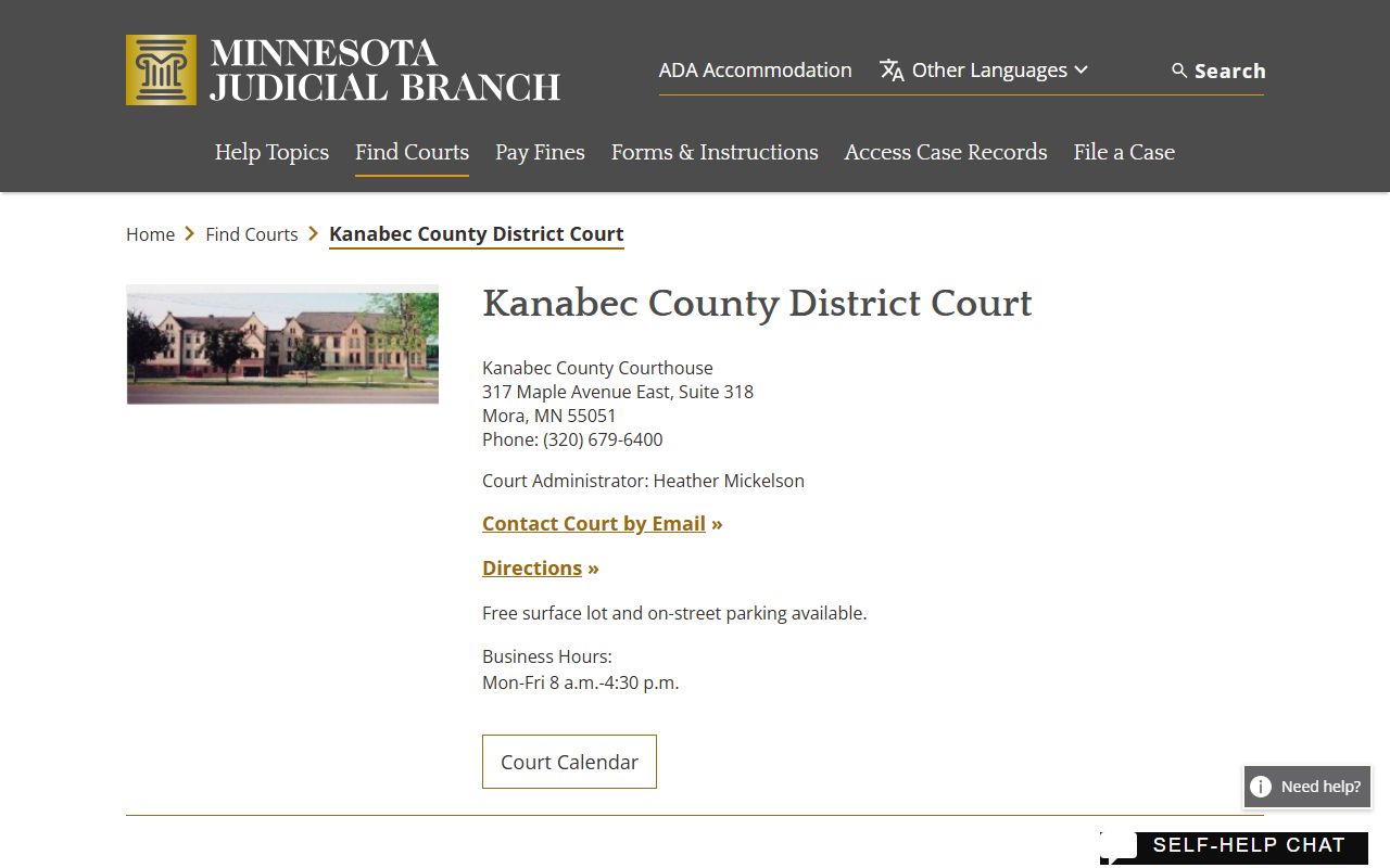 Kanabec County District Court page for court records after jail arrest