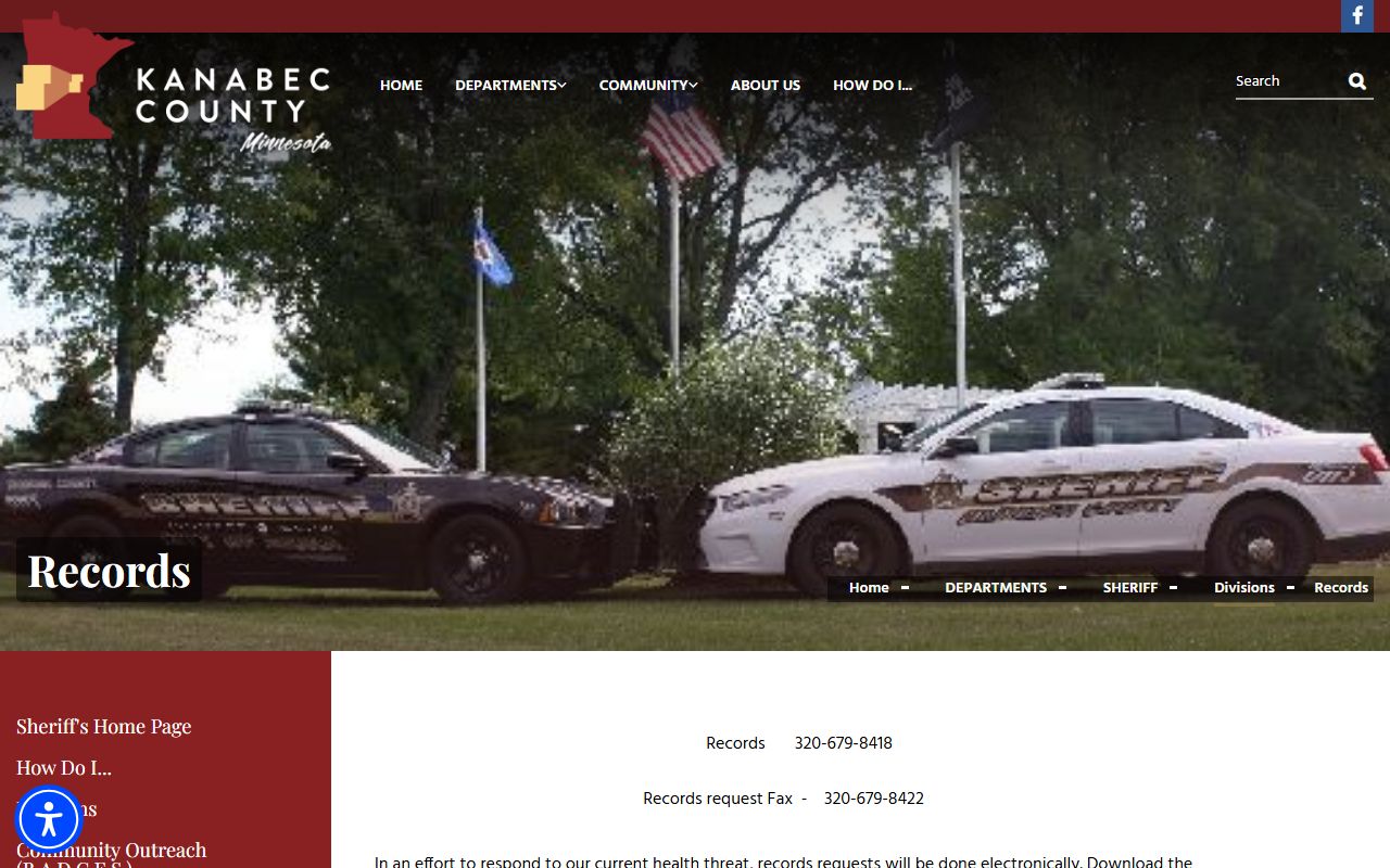 Kanabec County records request page for booking photos and mugshots